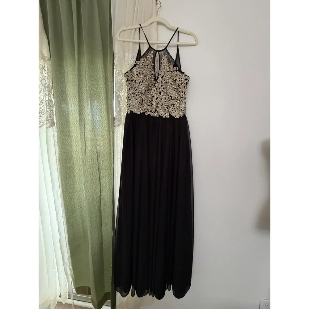 My Michelle Evening Gown Women Size 7 Black Gold Lace Rhinestone Prom  Cocktail